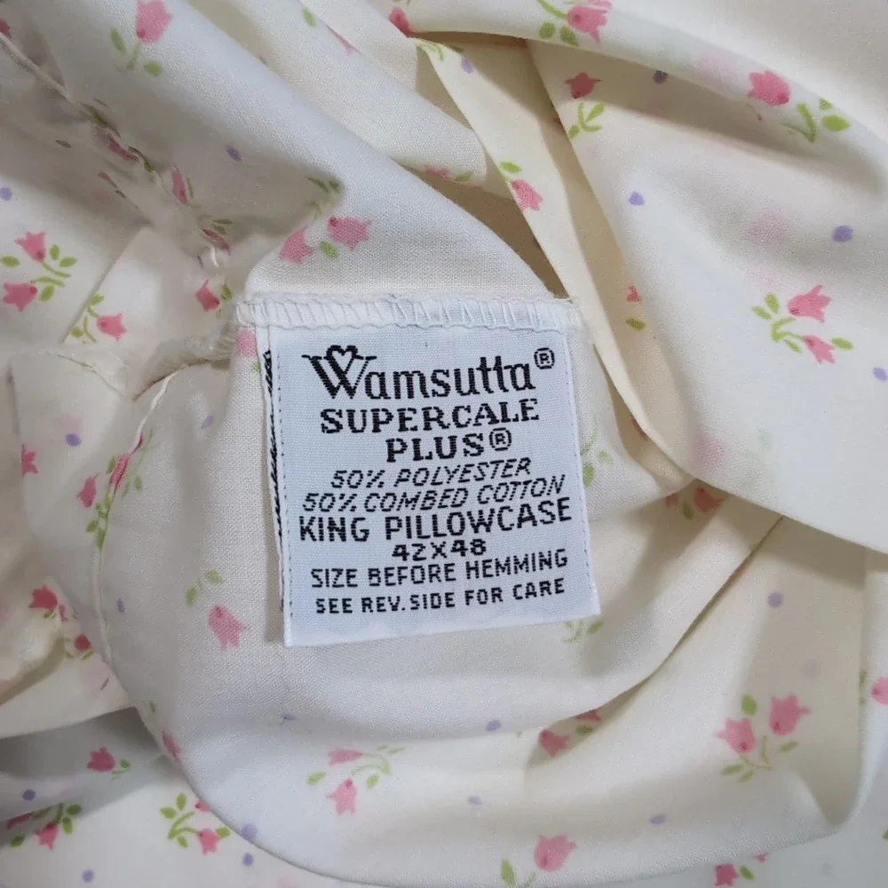 2 Vtg Wamsutta Supercale Plus King Pillowcases Floral Lace Trim Tulip Cottage